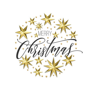 Merry Christmas golden decoration, hand drawn calligraphy font for greeting card or invitation on white background. Vector Christmas or New Year gold star and snowflake shiny winter holiday decoration