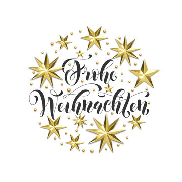 Frohe Weihnachten German Merry Christmas golden decoration, calligraphy font for Xmas invitation greeting card white background. Vector Christmas or New Year holiday gold star snowflake decoration