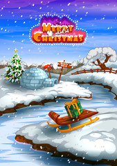 Igloo in winter snowfall landscape on Merry Christmas and Happy New Yeargreeting backgrund