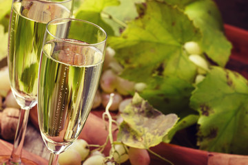 Champagne In Glasses, Grapes With Vine, Vintage Wood Background, Selective Focus