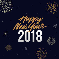 Fototapeta na wymiar Happy New Year 2018 Card Template Design with Golden Text, Fireworks and Star Brush Illustration Element Background at Midnight Scene. Poster, Banner, Flyer, Cover.