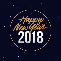 Happy New Year 2018 Card Template Design with Golden Text, Circle Ring Illustration Element Background at Midnight Scene. Poster, Banner, Flyer, Cover.