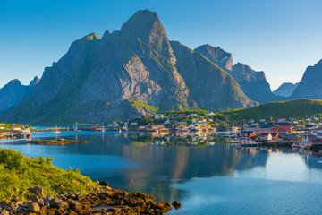 Lofoten Summer Landscape Lofoten is an archipelago in the county of Nordland, Norway. Is known for a distinctive scenery with dramatic mountains and peaks