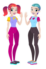 Teenager vectors girls with red and blue hair. Character . Isolated against white background. Build your own design. Cartoon flat-style vector illustration