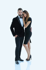 portrait of an elegant woman in a black dress hugging her lover