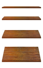 Wooden shelf brown template set isolated on white background with clipping path. For decorated interior or montage of your product on shelf.