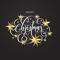 Fototapeta na wymiar Merry Christmas golden decoration, hand drawn calligraphy font for greeting card or invitation on white background. Vector Christmas or New Year gold star and snowflake shiny winter holiday decoration