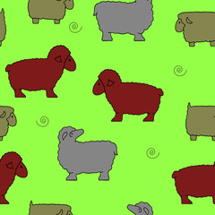 Seamless pattern, Silhouette of sheep collection (sheep sacrifice Kurban-bairam), cartoon on green background,