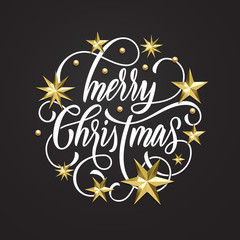 Merry Christmas holiday golden decoration, hand drawn calligraphy font for greeting card or invitation on white background. Vector Christmas or New Year gold star and snowflake shiny decoration