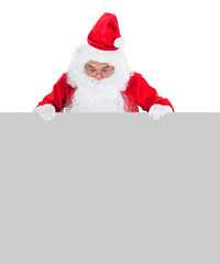 Close up of Santa with a banner isolated on white background