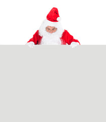 Close up of Santa with a banner isolated on white background