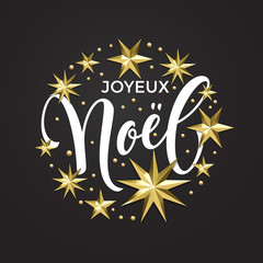 Joyeux Noel French Merry Christmas golden star decoration and calligraphy font for Xmas holiday invitation greeting card. Vector Christmas or New Year gold snowflake decoration on white background