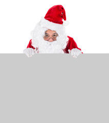 Close up of Santa with a banner isolated on white background