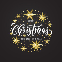 Merry Christmas or Happy New Year golden star decoration, hand drawn calligraphy font for invitation or Xmas greeting card. Vector Christmas holiday gold snowflake shiny decoration on white background