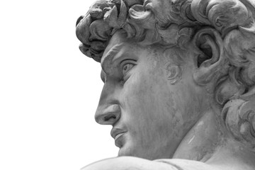 Head of a famous statue by Michelangelo - David from Florence, isolated on white