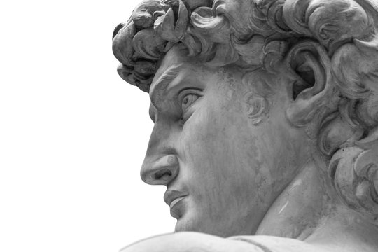 Head of a famous statue by Michelangelo - David from Florence, isolated on white