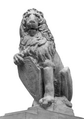 Fototapeta premium Sculpture of a lion with the arms on a white background