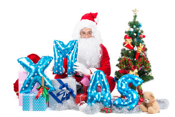 happy santa claus man with gift box around and clebreat letter xmas sign isolated on white.