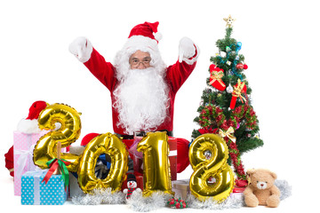 happy santa claus man with gift box around and clebreat letter 2018 sign isolated on white.