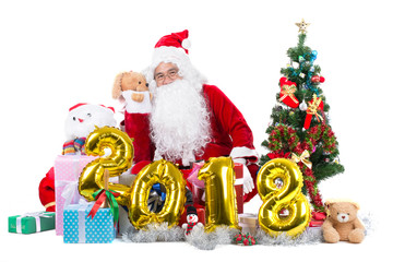 happy santa claus man with gift box around and clebreat letter 2018 sign isolated on white.