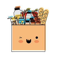 kawaii paper bag with market of food and drinks in watercolor silhouette