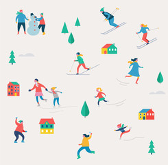 Naklejka premium Winter sport scene, Christmas festival and fair, families with kids make fun