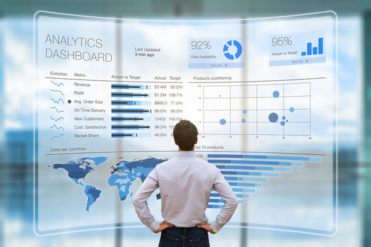 Businessman analyzing business analytics or intelligence dashboard, VR screen, KPI