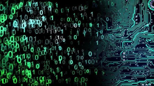 The binary code is generated from left to right, and the digits are moved towards the motherboard. Concept of information technology.