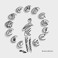 Businessman looking at business icons with shadow vector illustration doodle sketch hand drawn with black lines isolated on gray background. Business concept.