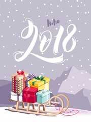Hello 2018 lettering. Greeting card design with calligraphic design, gift boxes and mountain landscape. Vector illustration