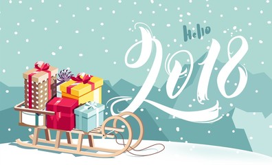 Hello 2018 lettering. Greeting card with calligraphic design, gift boxes and mountain landscape. Vector illustration