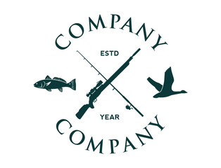 Cross Sniper Rifles and Fishing Rod with Flying Duck and Fish Circle Hunting Company Logo