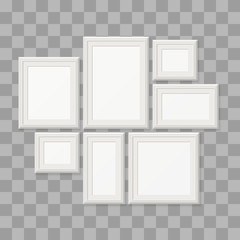 Empty white picture frames, 3d photo borders isolated on transparent background