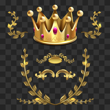Golden vector heraldic elements. Kings crown, laurel wreath