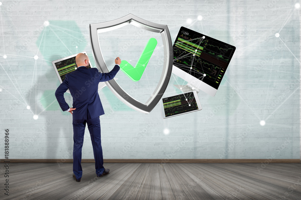 Poster shield symbol surrounded by devices and network displayed on a futuristic interface