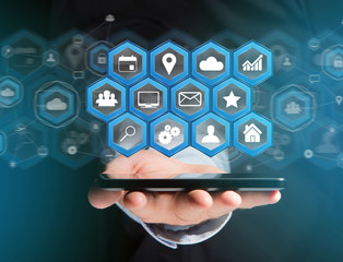 Application center displayed on a futuristic interface with technology icon - Worldwide business...