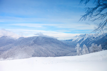 The beautiful Caucasus Mountains, Winter landscape. Winter background.