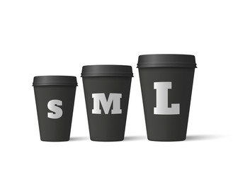 Realistic coffee cups isolated on a white background. Black paper cups mockup. Vector illustration