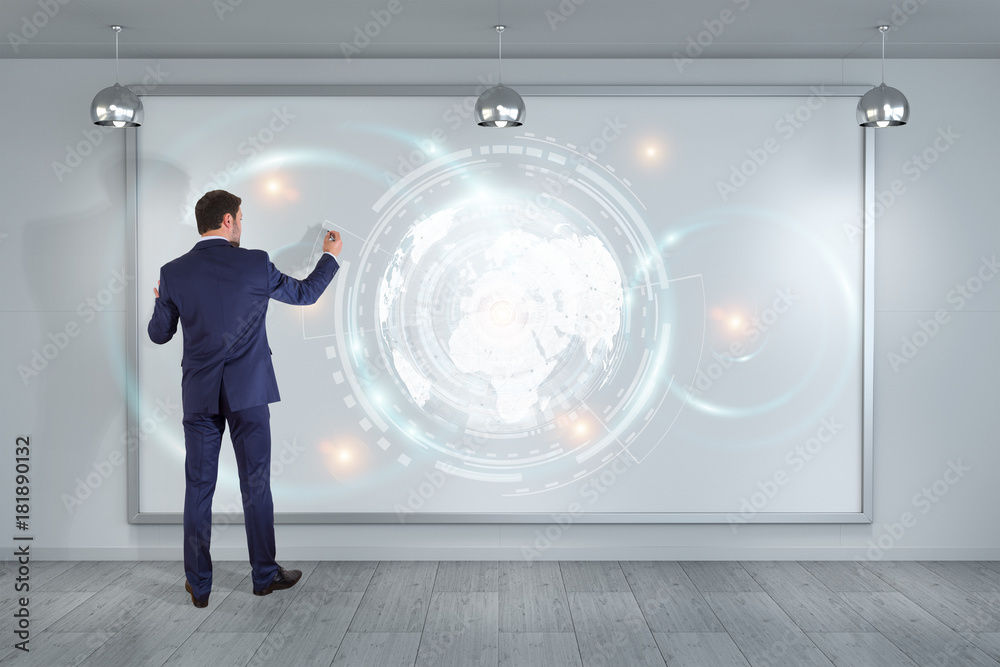 Aufkleber businessman using digital planet earth interface on a board 3d rendering