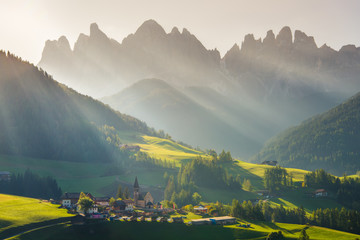 Famous best alpine place of the world, Santa Maddalena village with magical Dolomites mountains in background, Val di Funes valley, Trentino Alto Adige region, Italy, Europe