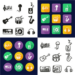 Music All in One Icons Black & White Color Flat Design Freehand Set