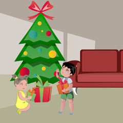 Obraz na płótnie Canvas Kids Opening Gifts on Christmas