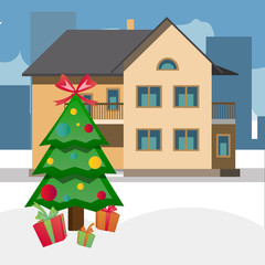 House and decorated cute fir tree