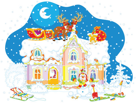 The night before Christmas, Santa Claus with gifts in a house, his sledge with magic reindeers on a snow-covered housetop