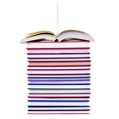 Book stack with open book on the top isolated on white background
