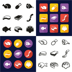 Meat All in One Icons Black & White Color Flat Design Freehand Set