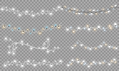 Christmas lights isolated on transparent background. Xmas glowing garland. Vector illustration