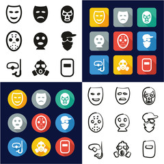Mask All in One Icons Black & White Color Flat Design Freehand Set