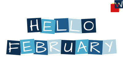 hello february, cartooned cutout text in blue colored rotated squares