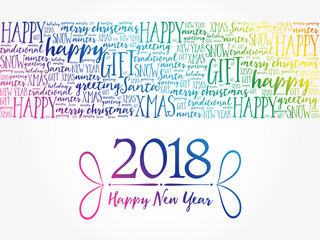 2018 Happy New Year. Christmas background word cloud, holidays lettering collage